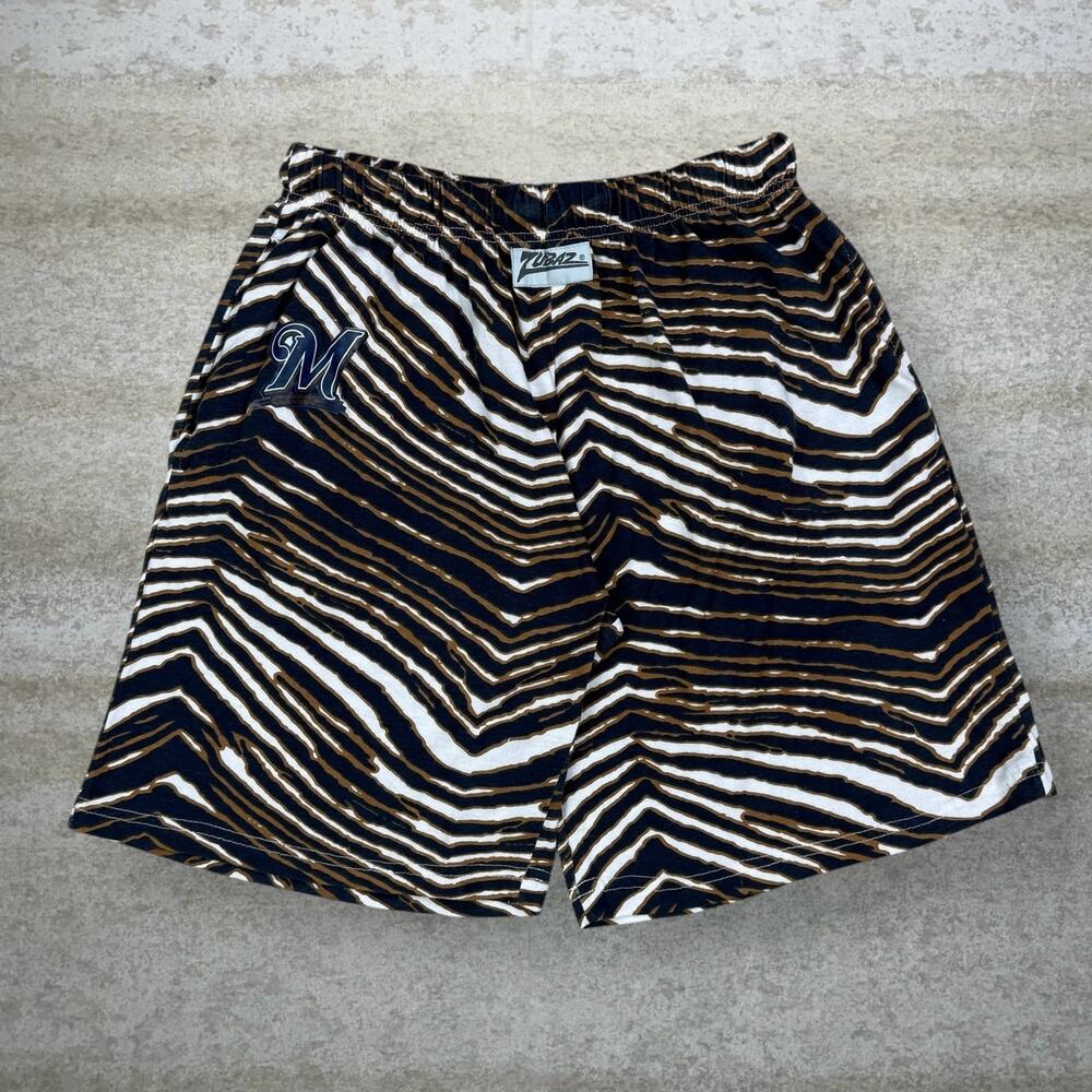 Vintage 90s Zubaz Sweat Shorts Mens M Navy Blue Gold White Milwaukee Brewers